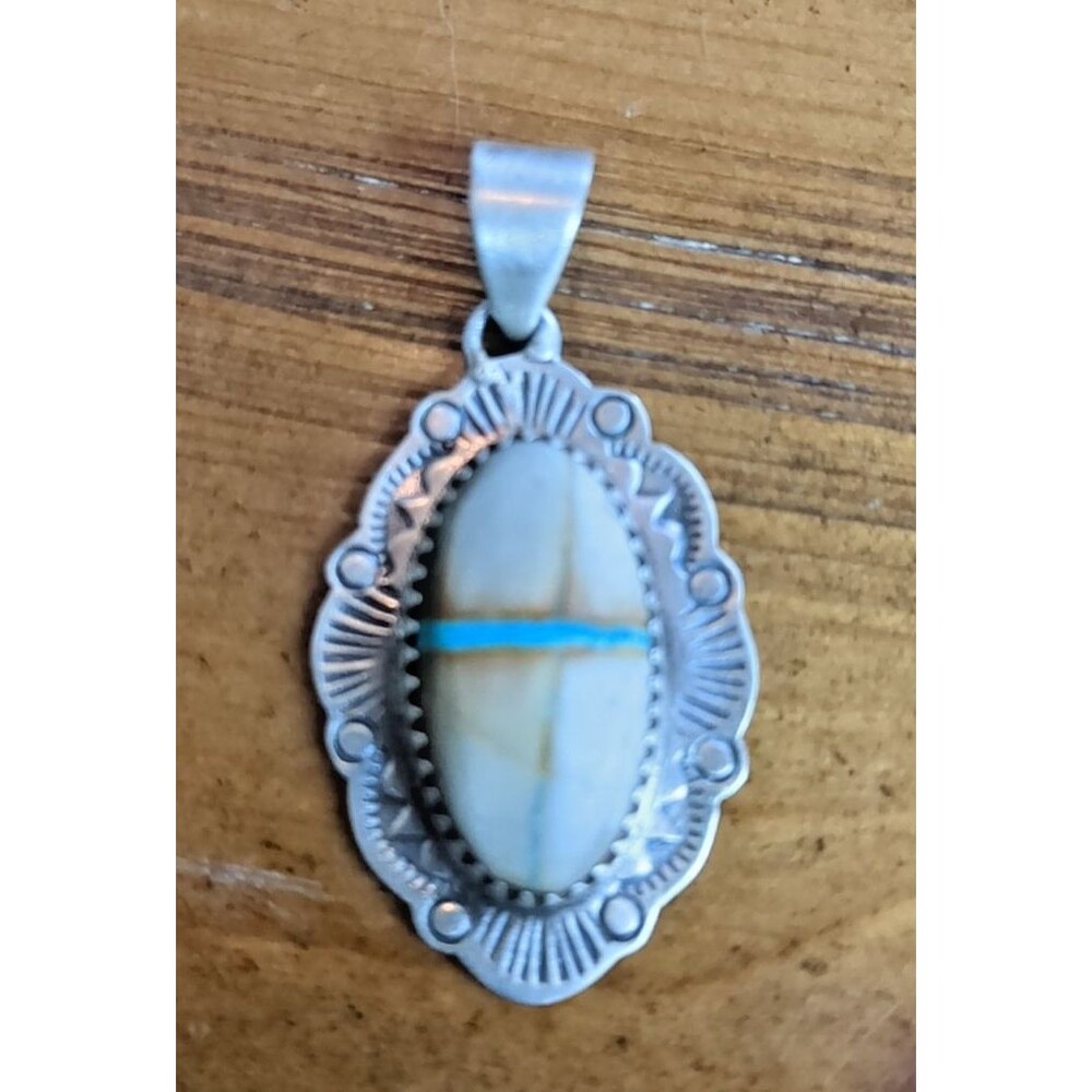 Sterling Silver Southwest Navajo Style White Buffalo Turquoise Pendant 925 -1.5 - Picture 3 of 13